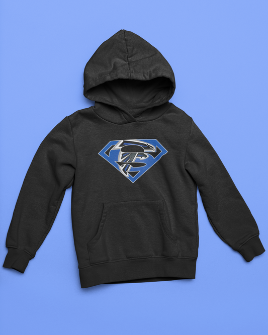 Black youth unisex sponge fleece pullover hooded sweatshirt with Sharon Springs Falcons  "Superman" logo placed against a solid blue surface