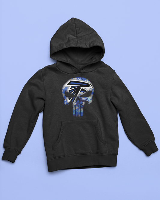 Black youth unisex sponge fleece pullover hooded sweatshirt with Sharon Springs Falcons  "Punisher" logo placed against a solid blue surface