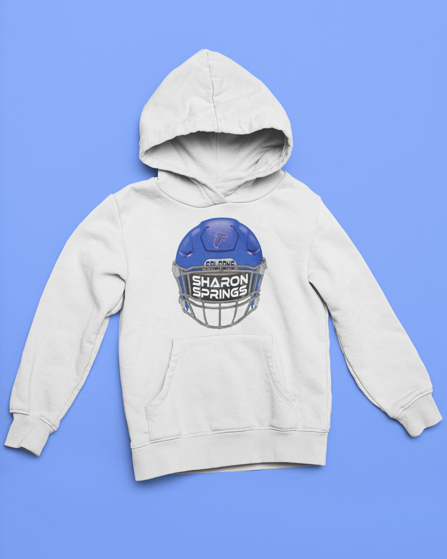 White youth unisex sponge fleece pullover hooded sweatshirt with Sharon Springs Falcons  "Real Helmet" logo placed against a solid blue surface