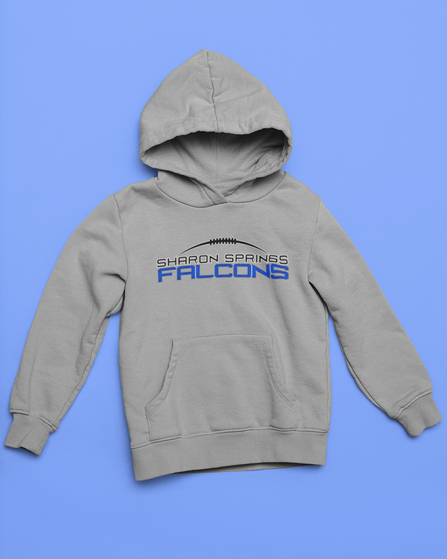 Gray youth unisex sponge fleece pullover hooded sweatshirt with Sharon Springs Falcons  "Sleek logo" placed against a solid blue surface