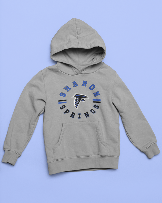 Gray youth unisex sponge fleece pullover hooded sweatshirt with Sharon Springs Falcons  "Vintage Days" logo placed against a solid blue surface