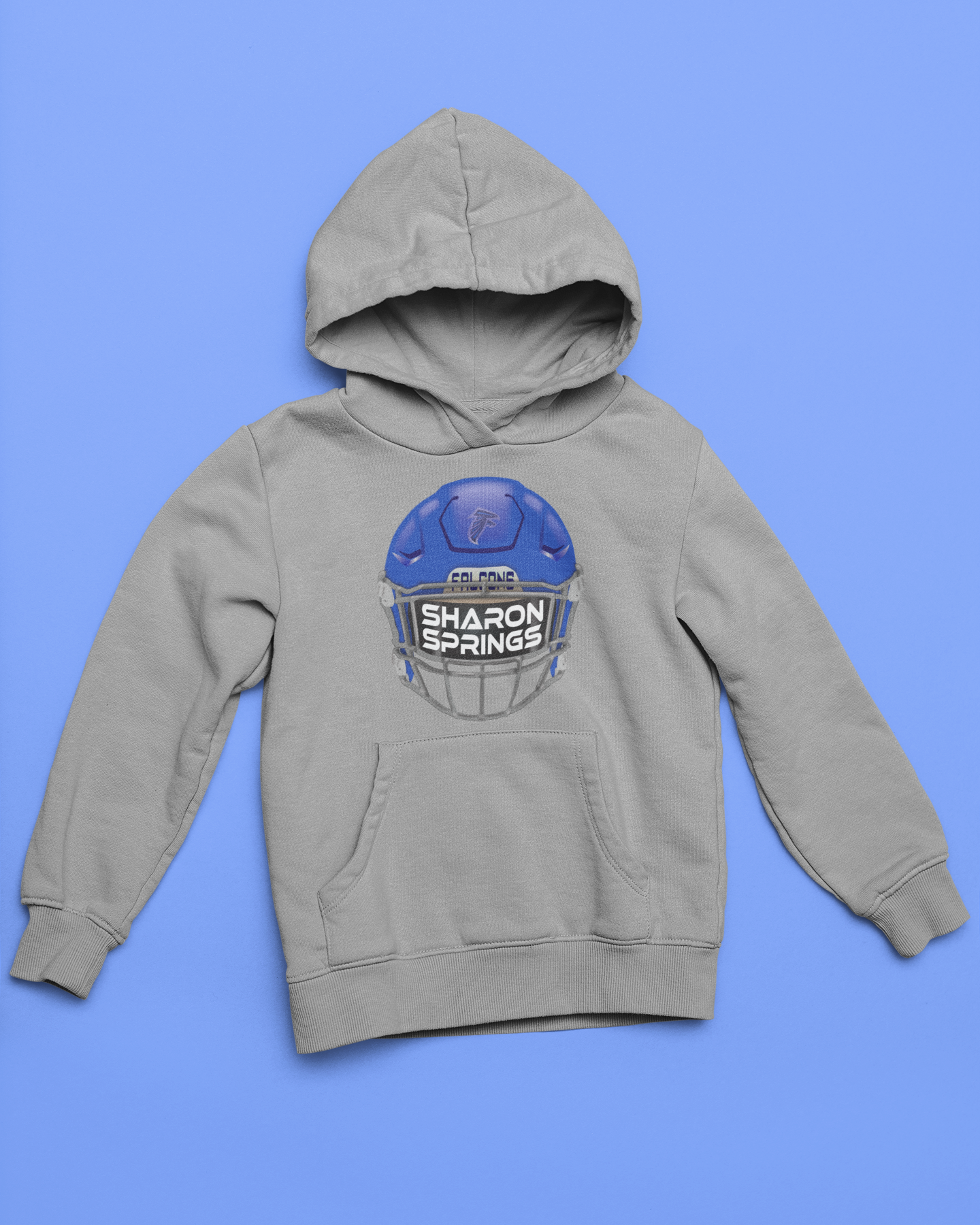 Gray youth unisex sponge fleece pullover hooded sweatshirt with Sharon Springs Falcons  "Real Helmet" logo placed against a solid blue surface