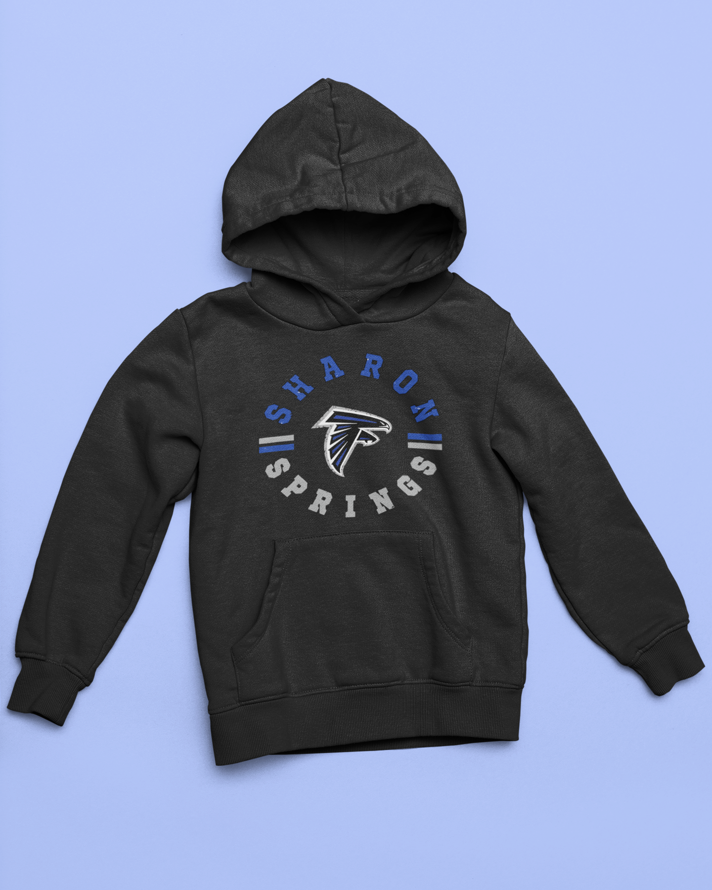 Black youth unisex sponge fleece pullover hooded sweatshirt with Sharon Springs Falcons  "Vintage Days" logo placed against a solid blue surface