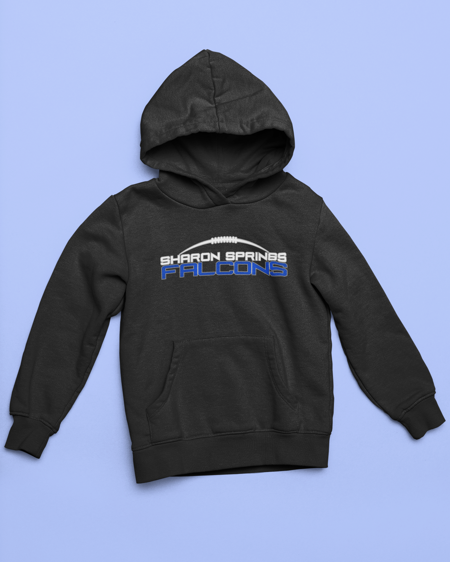 Black youth unisex sponge fleece pullover hooded sweatshirt with Sharon Springs Falcons  "Sleek logo" placed against a solid blue surface