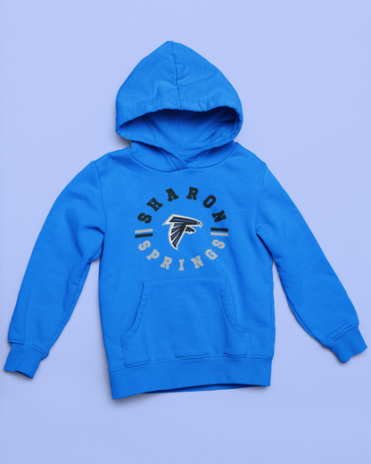 Royal blue youth unisex sponge fleece pullover hooded sweatshirt with Sharon Springs Falcons  "Vintage Days" logo placed against a solid blue surface