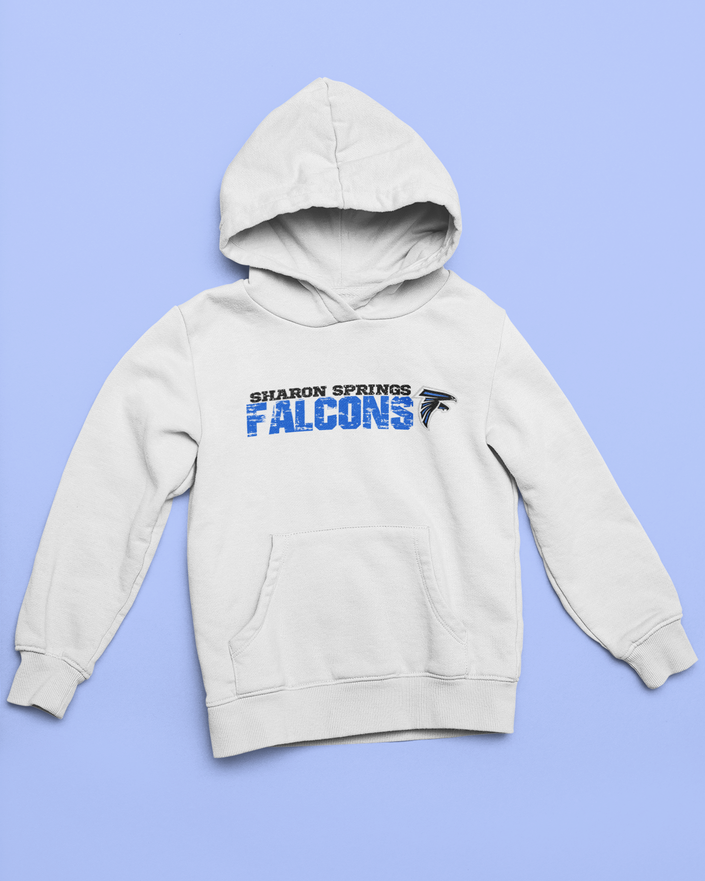 White youth unisex sponge fleece pullover hooded sweatshirt with Sharon Springs Falcons  "Distressed logo" placed against a solid blue surface