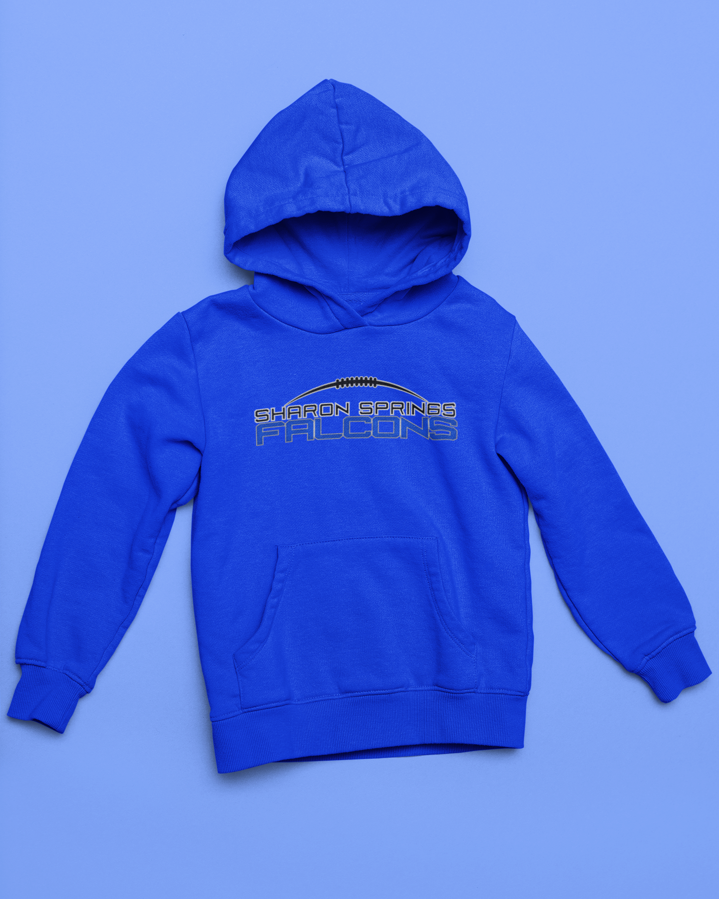 Royal blue youth unisex sponge fleece pullover hooded sweatshirt with Sharon Springs Falcons  "Sleek logo" placed against a solid blue surface