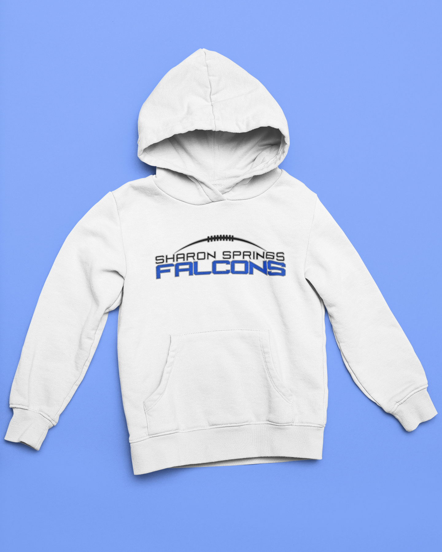 White youth unisex sponge fleece pullover hooded sweatshirt with Sharon Springs Falcons  "Sleek logo" placed against a solid blue surface