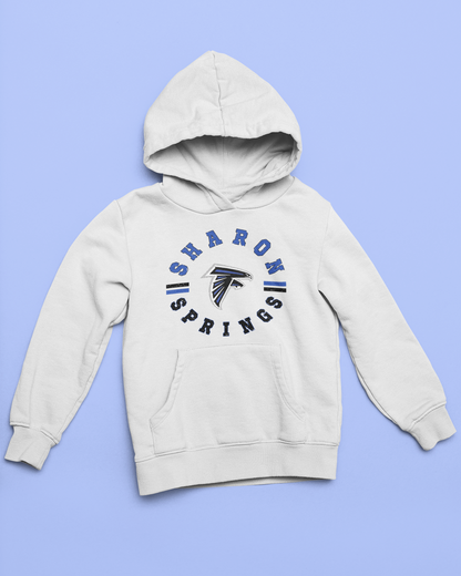 White youth unisex sponge fleece pullover hooded sweatshirt with Sharon Springs Falcons  "Vintage Days" logo placed against a solid blue surface