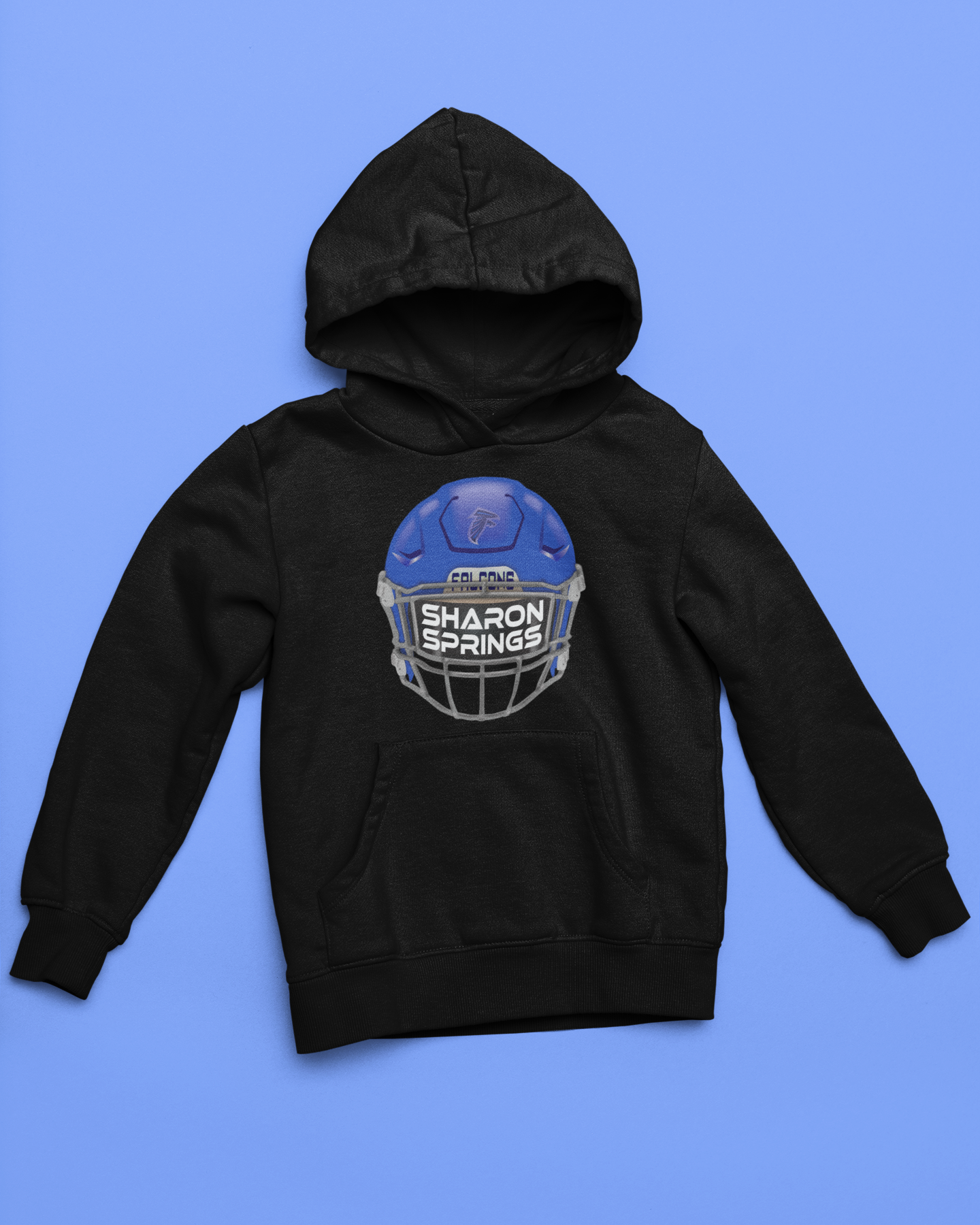 Black youth unisex sponge fleece pullover hooded sweatshirt with Sharon Springs Falcons  "Real Helmet" logo placed against a solid blue surface